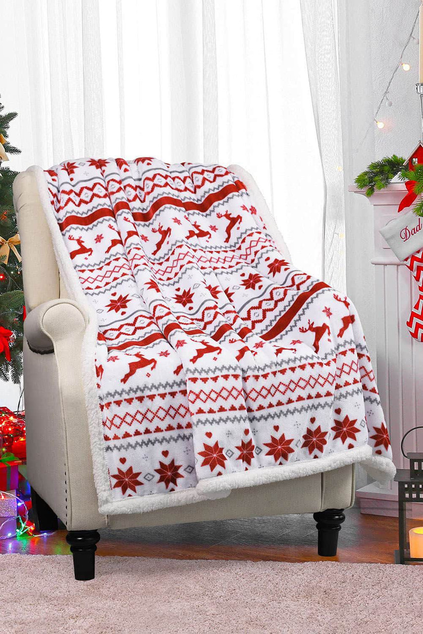 White Christmas Reindeer Snowflake Printed Sherpa Blanket White Christmas Reindeer Snowflake Printed Sherpa Blanket