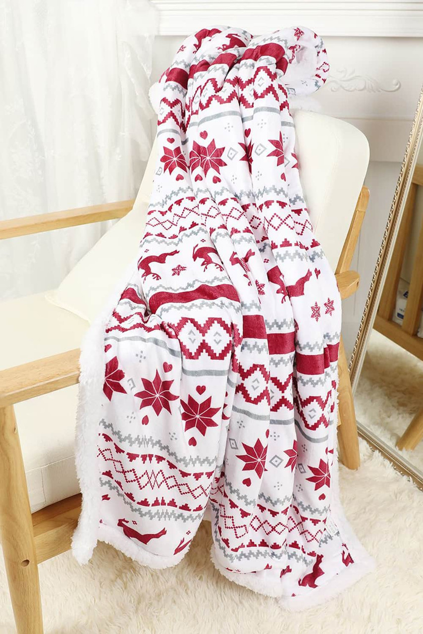 White Christmas Reindeer Snowflake Printed Sherpa Blanket