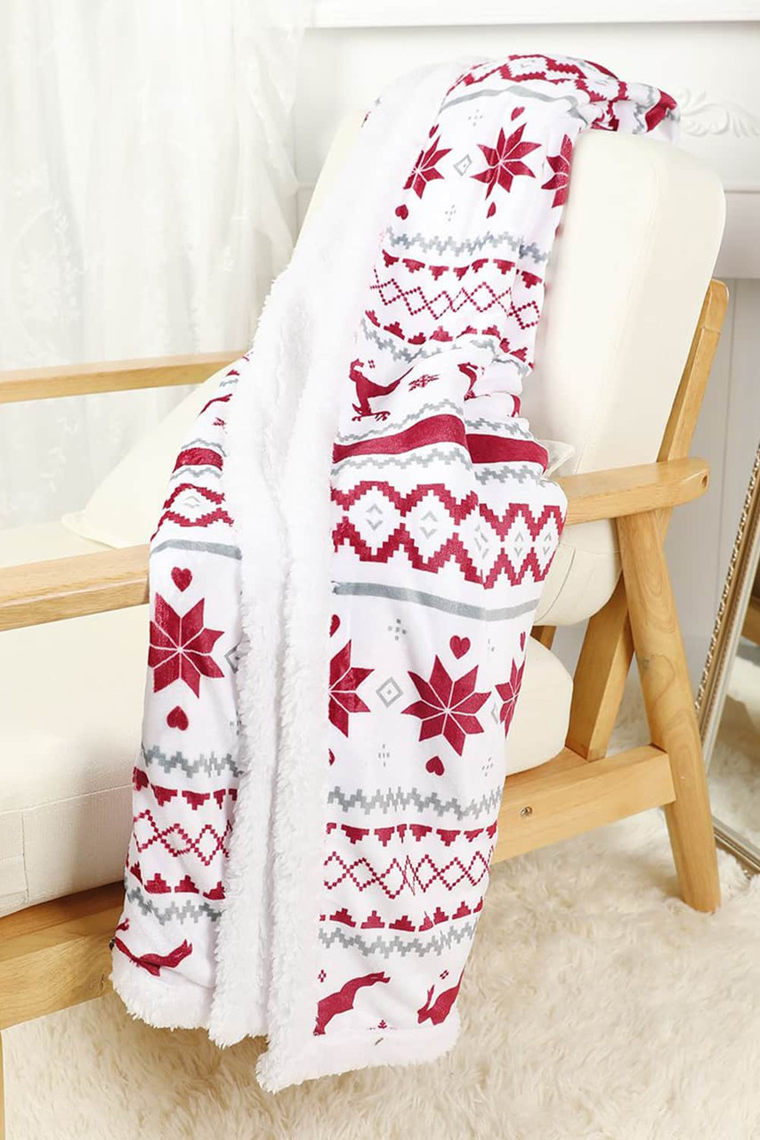 White Christmas Reindeer Snowflake Printed Sherpa Blanket