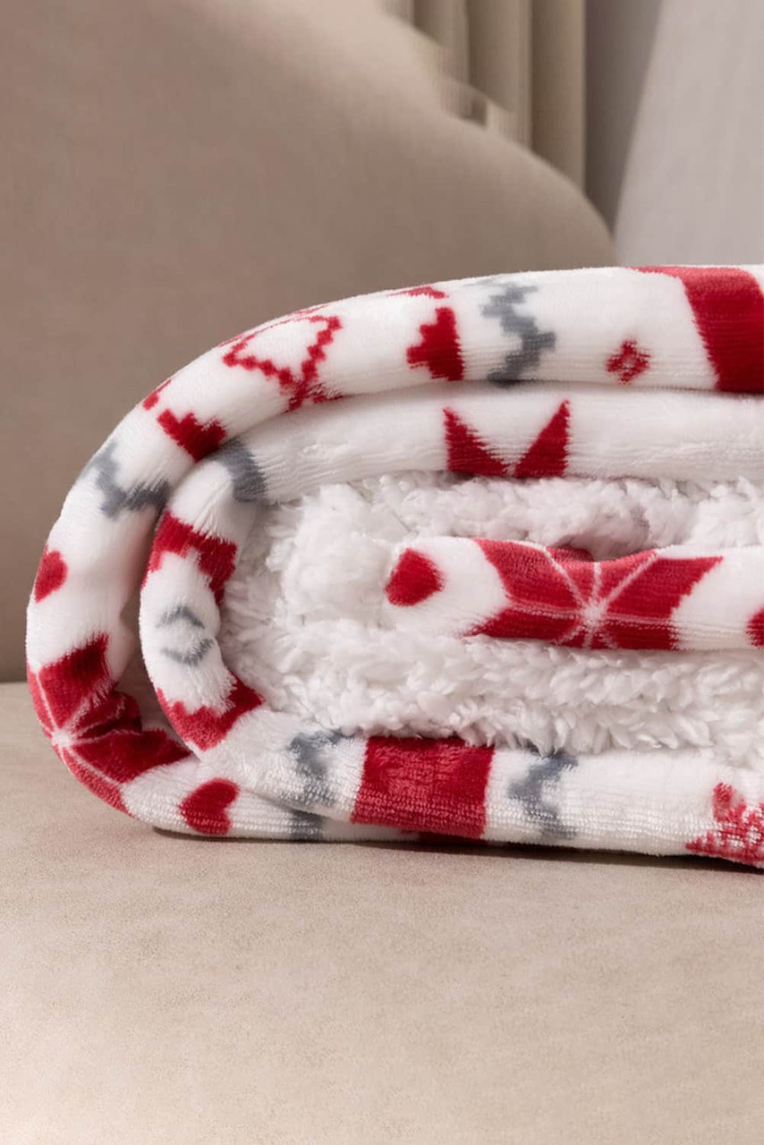 White Christmas Reindeer Snowflake Printed Sherpa Blanket White Christmas Reindeer Snowflake Printed Sherpa Blanket