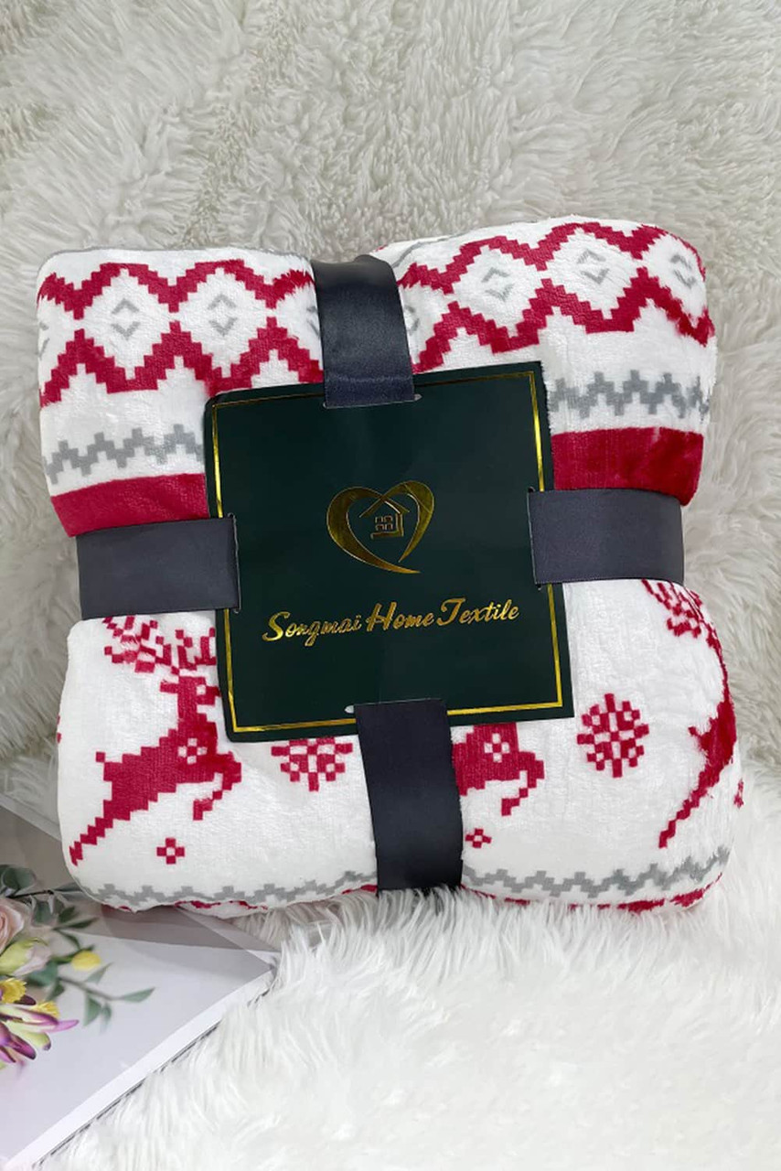 White Christmas Reindeer Snowflake Printed Sherpa Blanket White Christmas Reindeer Snowflake Printed Sherpa Blanket