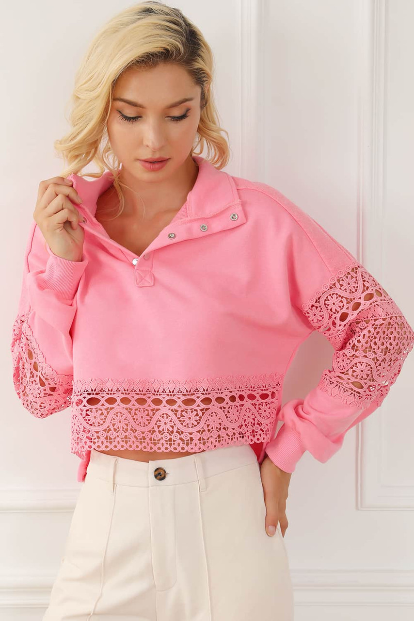 Pink Hollowed Lace Splicing Cropped Sweatshirt