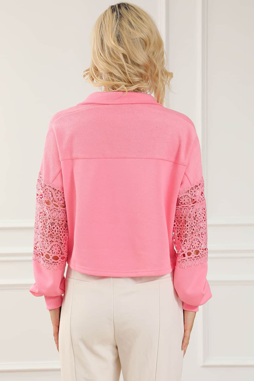 Pink Hollowed Lace Splicing Cropped Sweatshirt