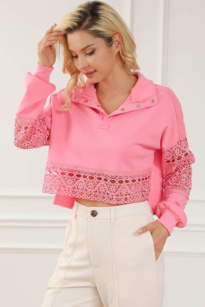 Pink Hollowed Lace Splicing Cropped Sweatshirt