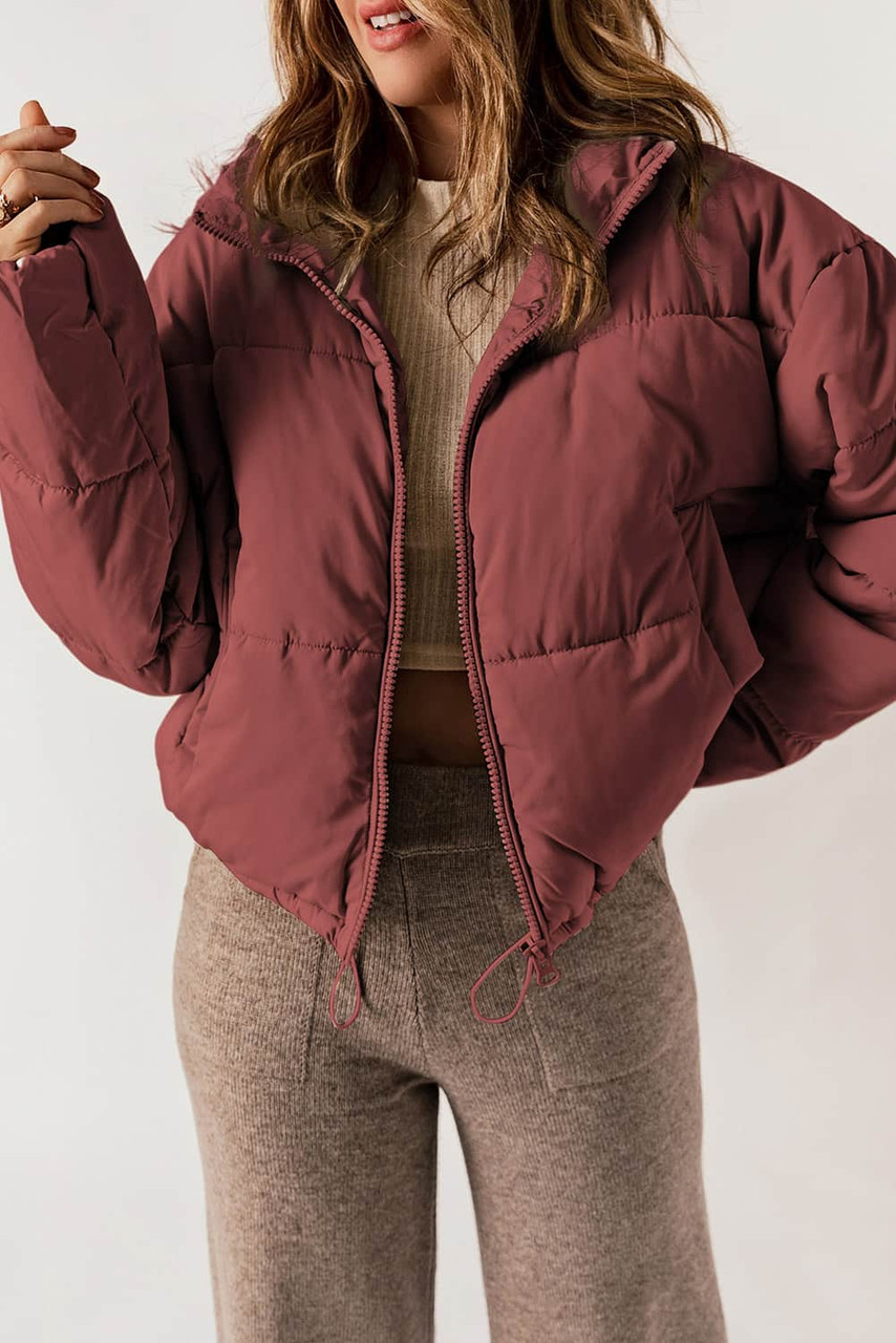 Burgundy Zip Up Drawstring Hem Puffer Coat