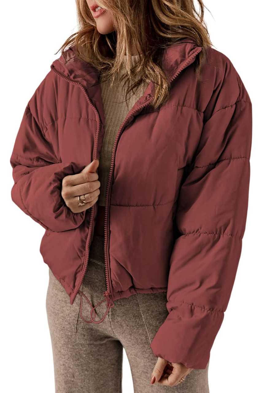 Burgundy Zip Up Drawstring Hem Puffer Coat