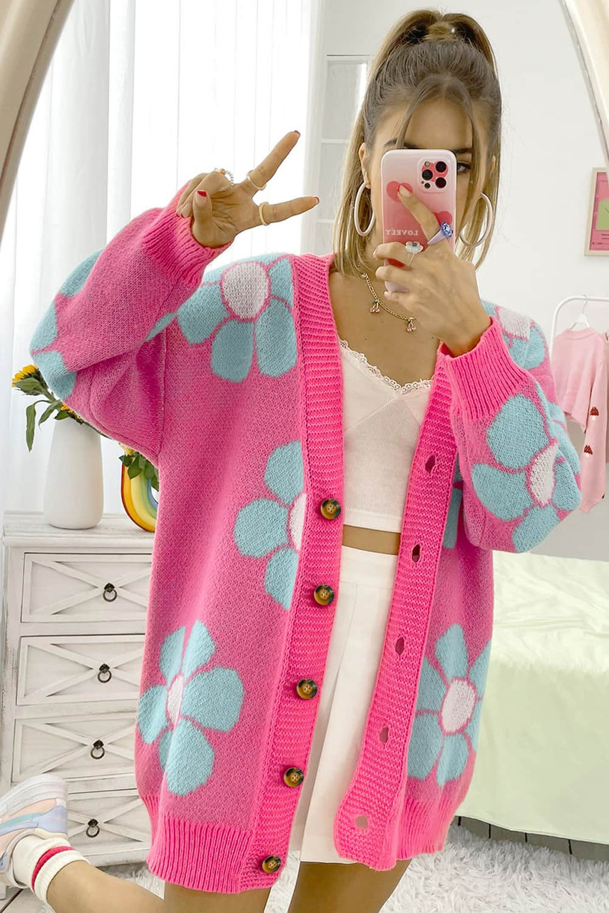 Strawberry Pink Floral Print Button up Knitted Cardigan Strawberry Pink Floral Print Button up Knitted Cardigan