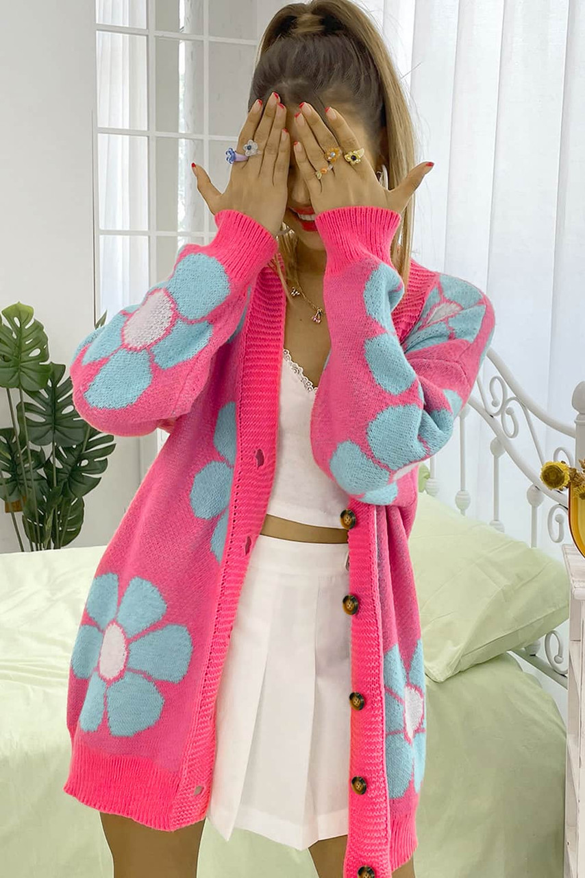Strawberry Pink Floral Print Button up Knitted Cardigan Strawberry Pink Floral Print Button up Knitted Cardigan