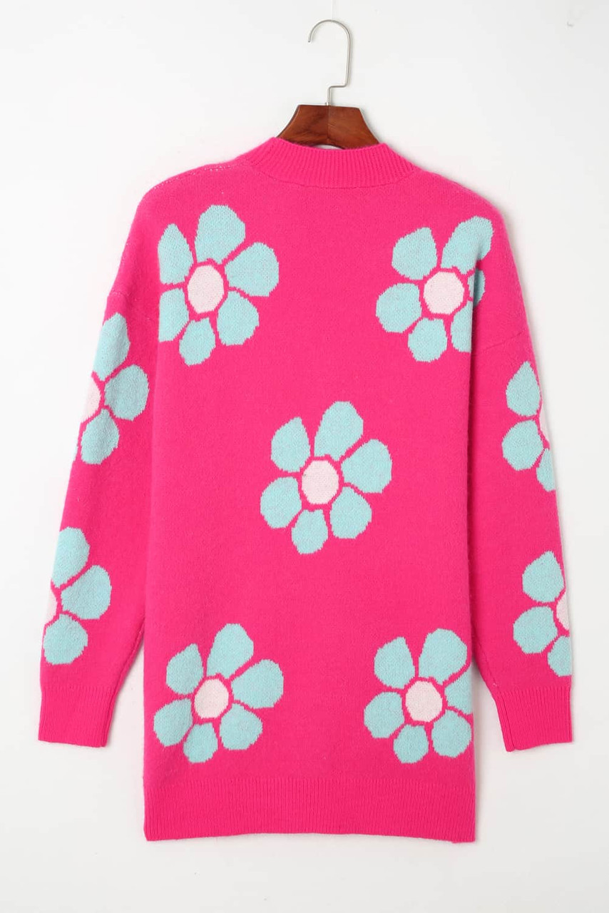 Strawberry Pink Floral Print Button up Knitted Cardigan Strawberry Pink Floral Print Button up Knitted Cardigan