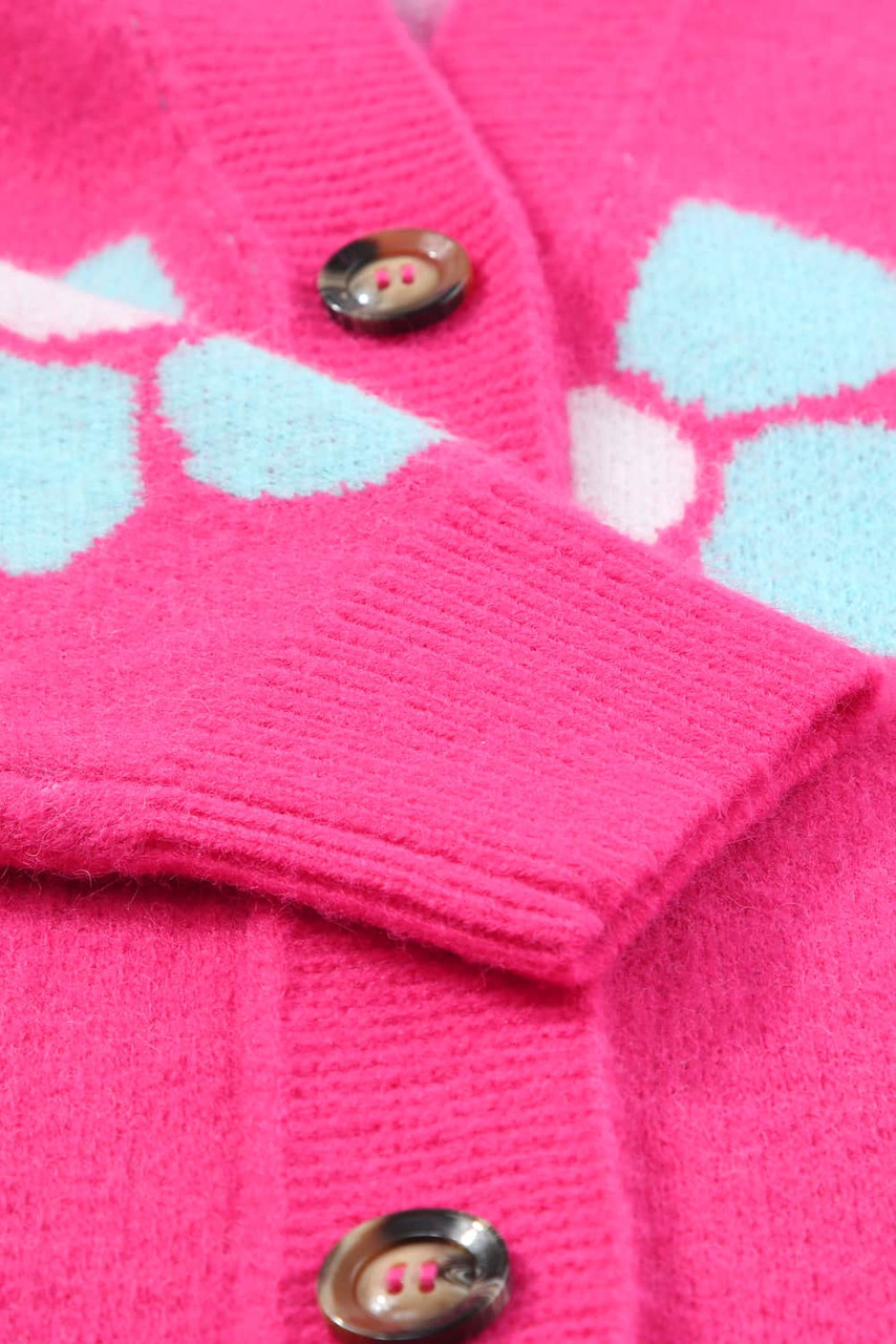 Strawberry Pink Floral Print Button up Knitted Cardigan Strawberry Pink Floral Print Button up Knitted Cardigan