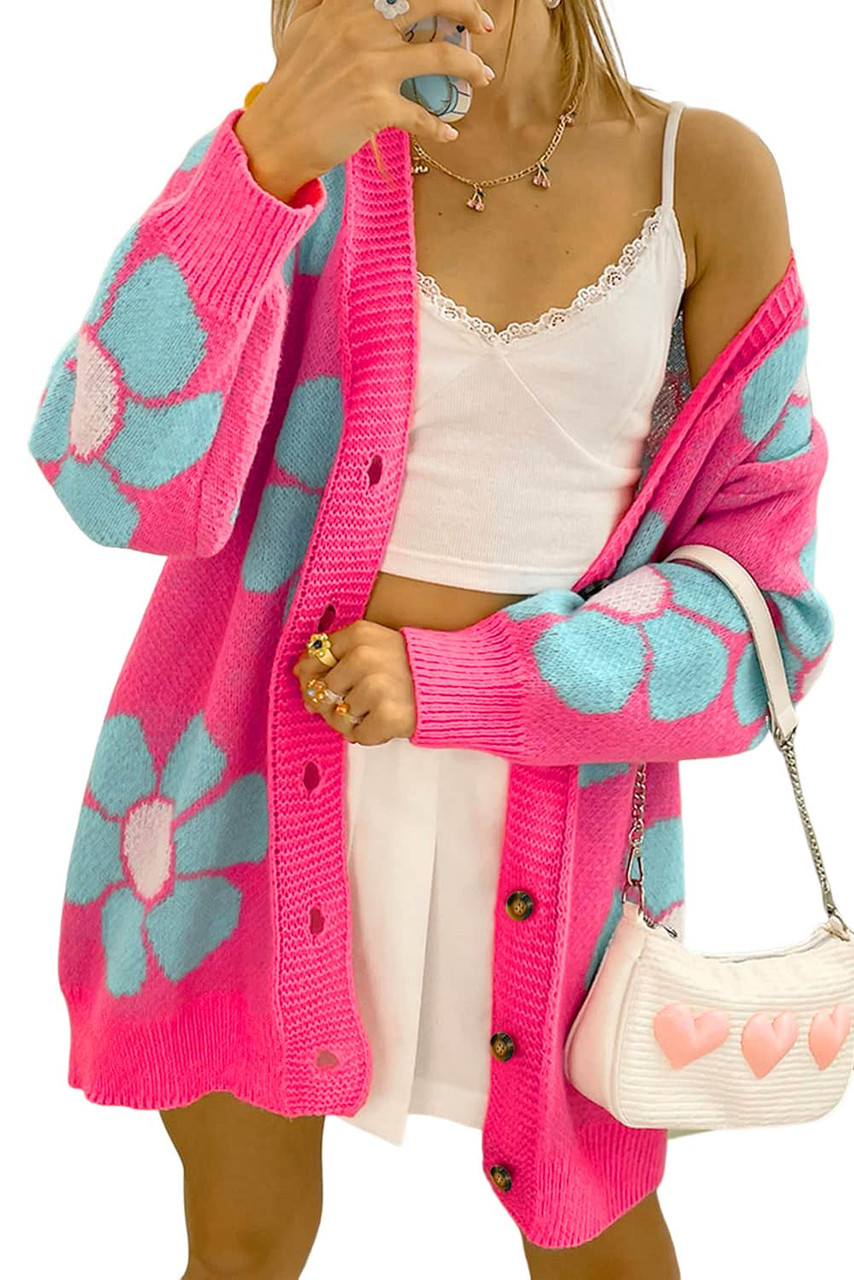 Strawberry Pink Floral Print Button up Knitted Cardigan Strawberry Pink Floral Print Button up Knitted Cardigan