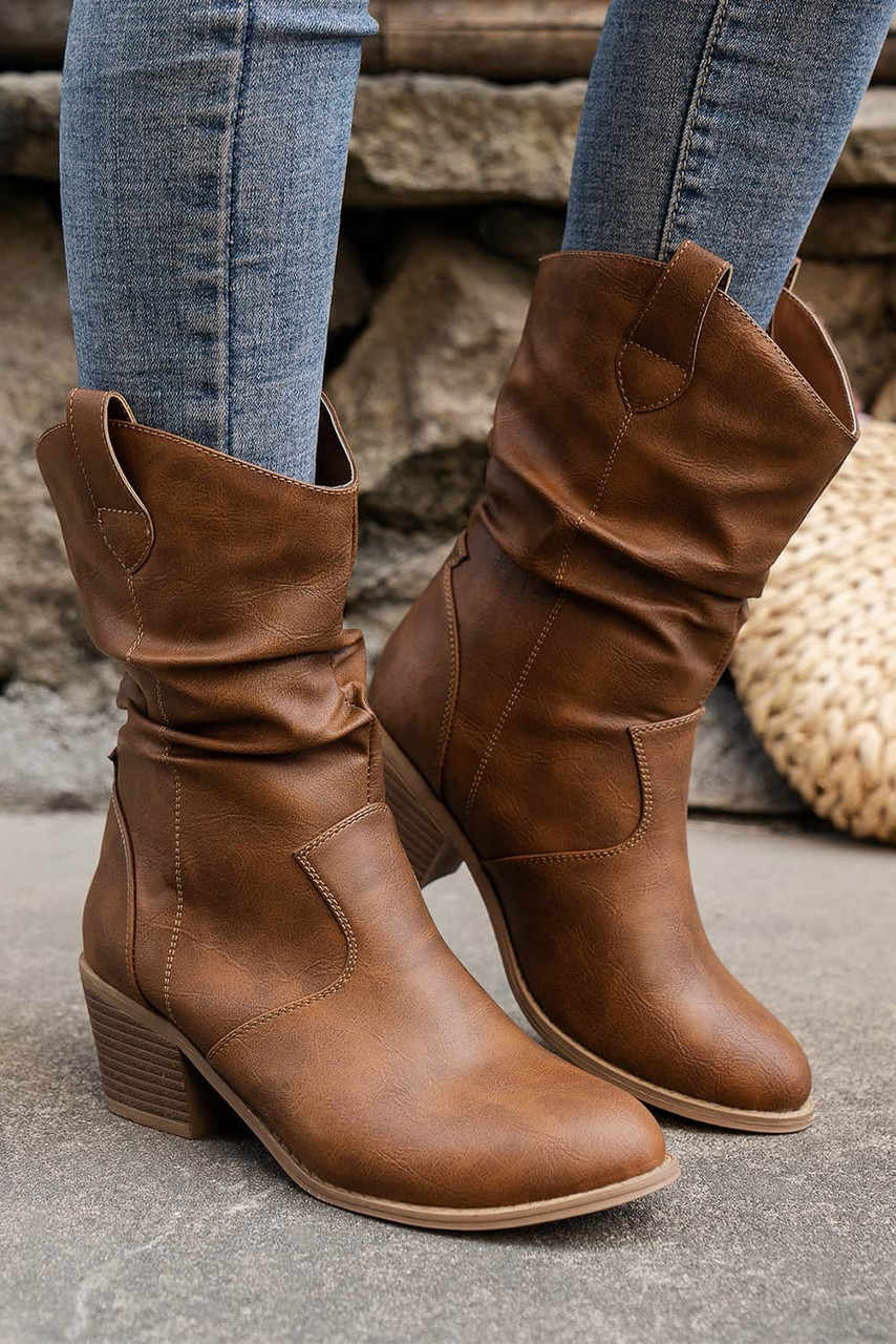 Chestnut Pleated Leather Block Heel Western Boots