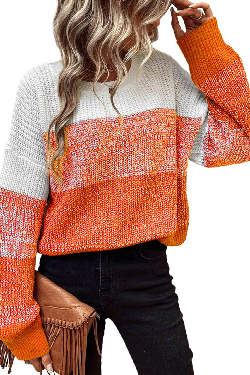 Orange Color Block Drop Shoulder Ribbed Trim Sweater