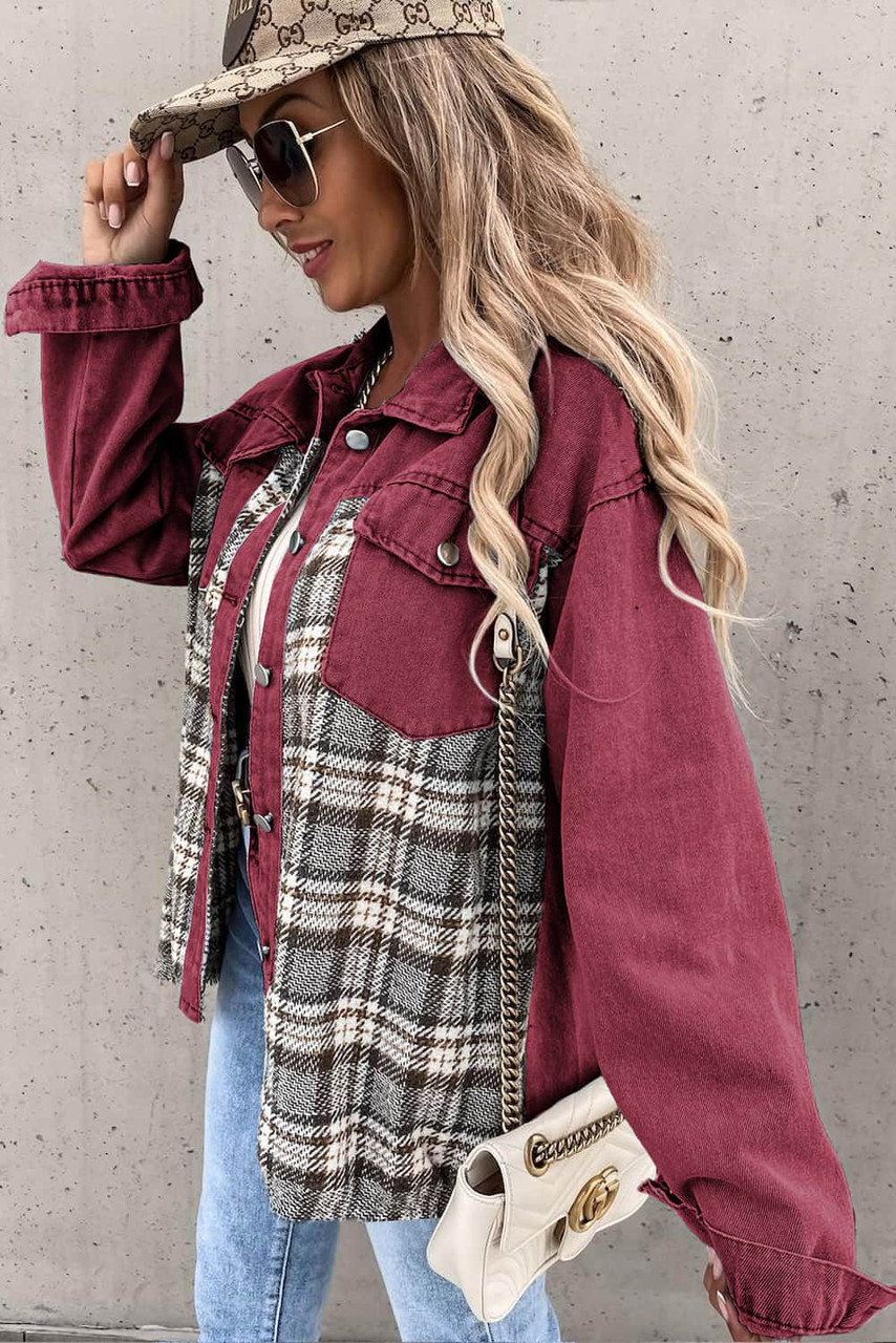 Fiery Red Plaid Patchwork Pockets Denim Jacket