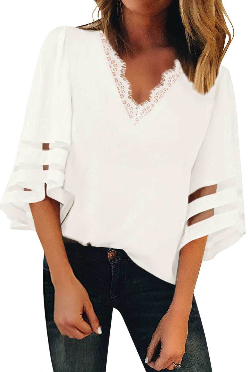 V Lace Neckline 3/4 Bell Mesh Sleeves Blouse