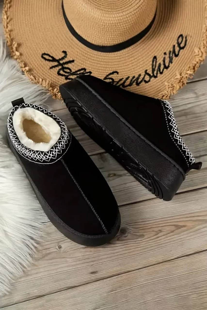 Black Suede Contrast Print Round Toe Plush Lined Flats Black Suede Contrast Print Round Toe Plush Lined Flats