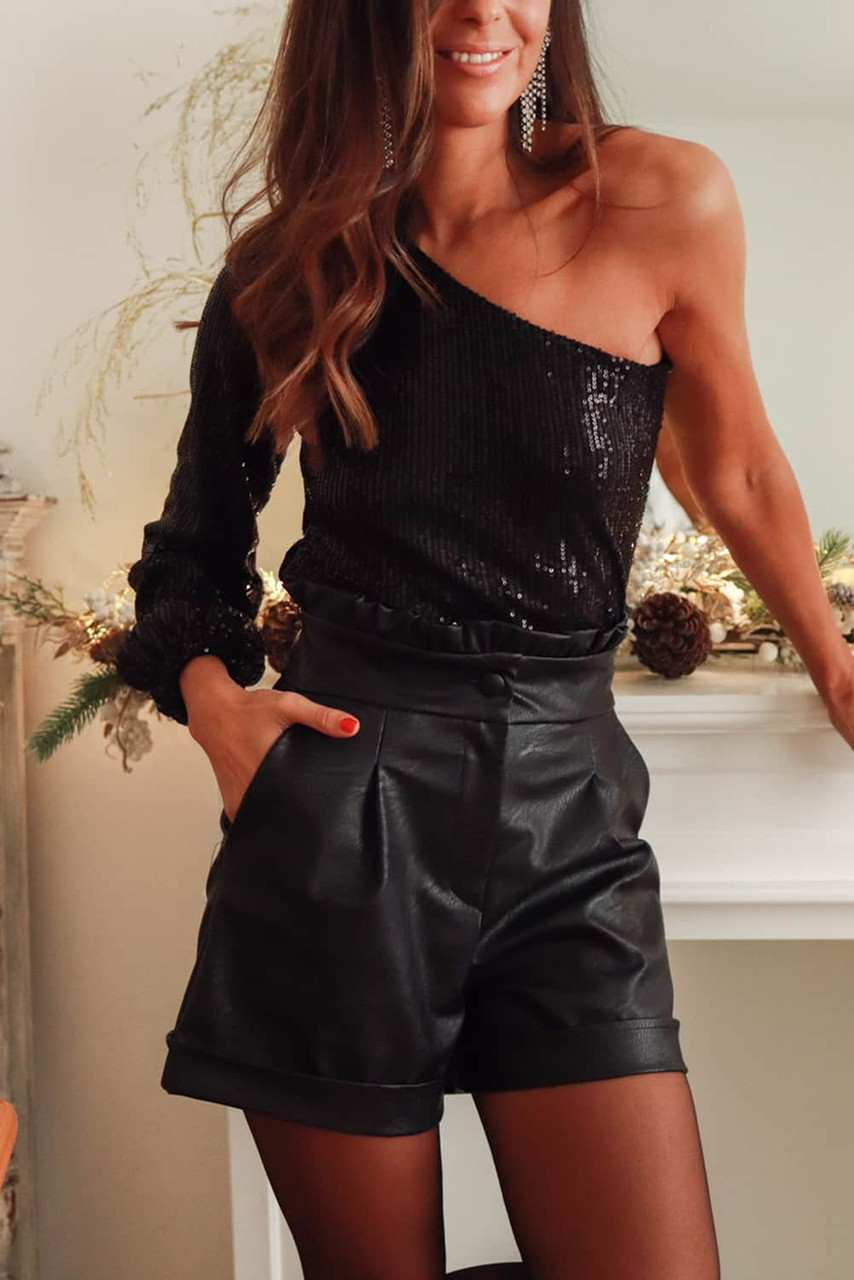 Black Frilled High Waist A-line Faux Leather Shorts