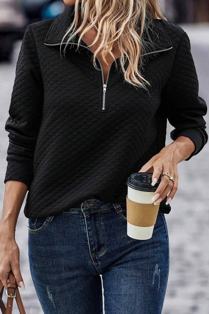 Black Solid Half Zipper Quilted Pullover Sweatshirt Black Solid Half Zipper Quilted Pullover Sweatshirt