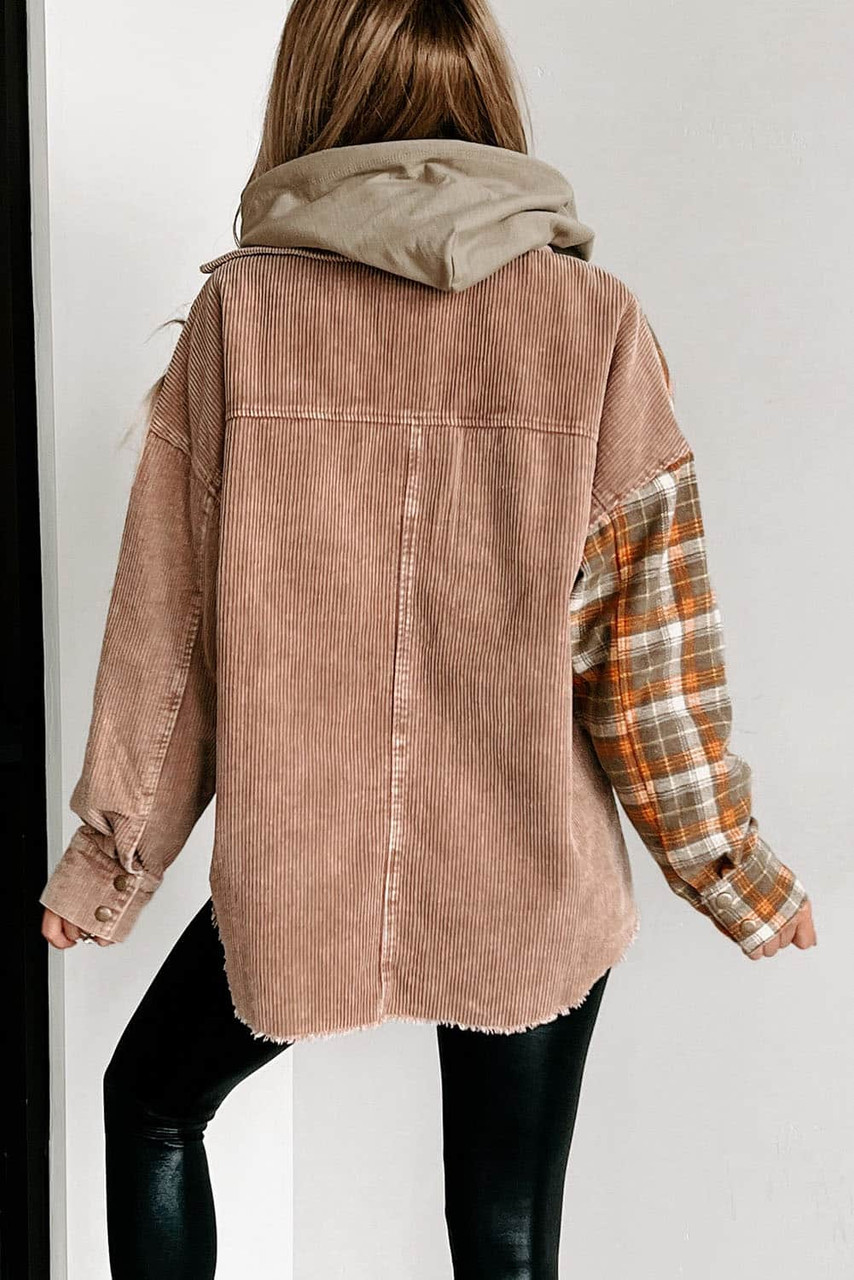 Khaki Plaid Corduroy Patchwork Snap Button Shacket