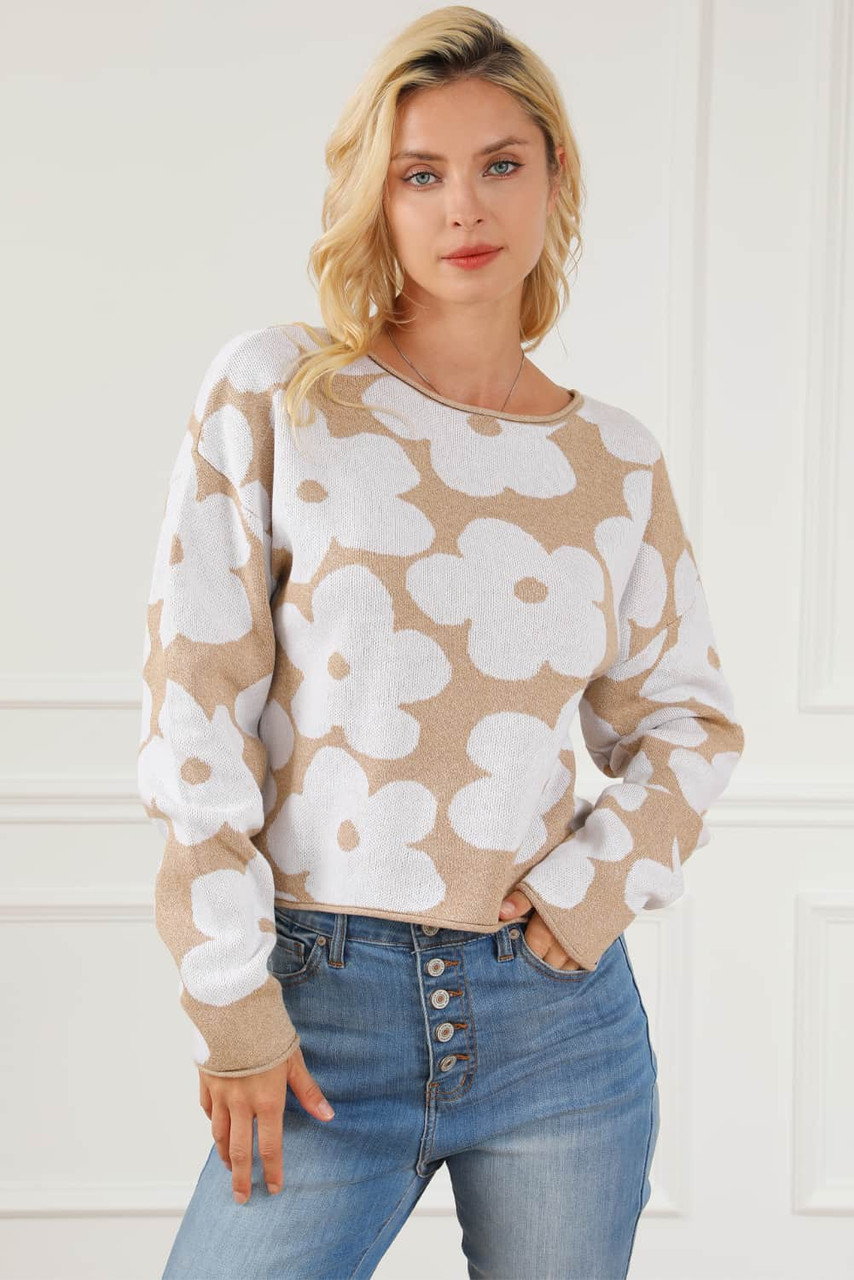 Light French Beige Flower Pattern Cropped Sweater