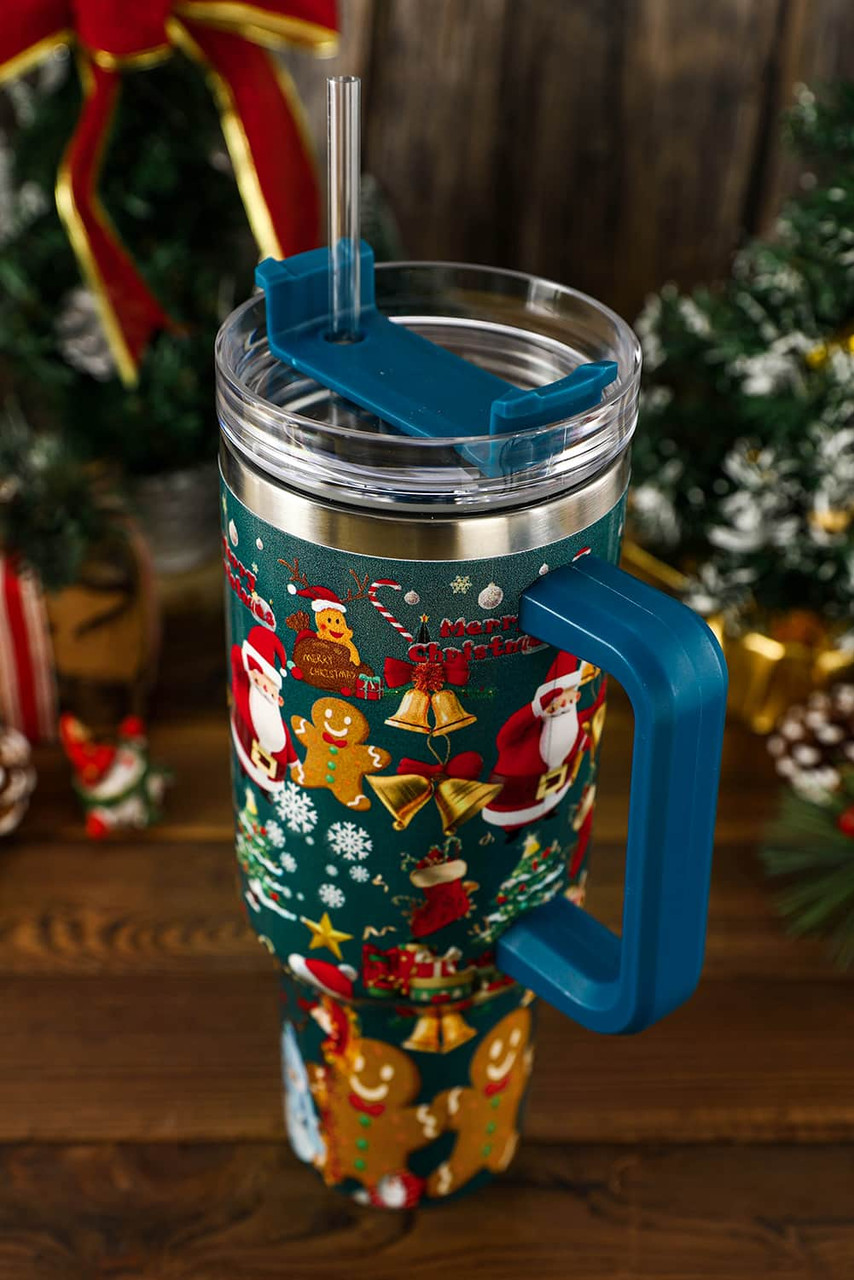 Sail Blue Christmas Pattern Print Handled Stainless Steel Tumblers