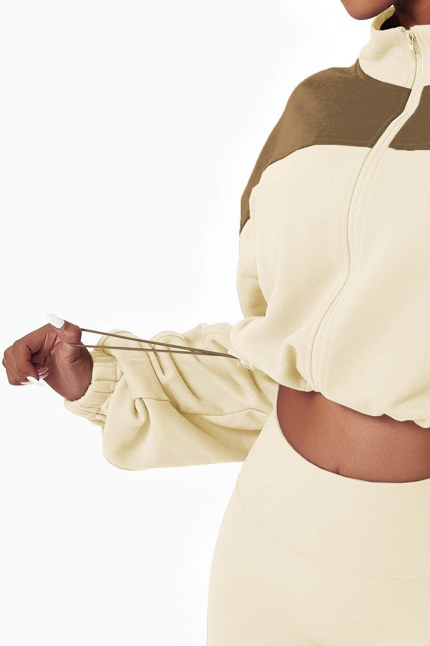 Beige Color Block Drawstring Cropped Athleisure Jacket Beige Color Block Drawstring Cropped Athleisure Jacket