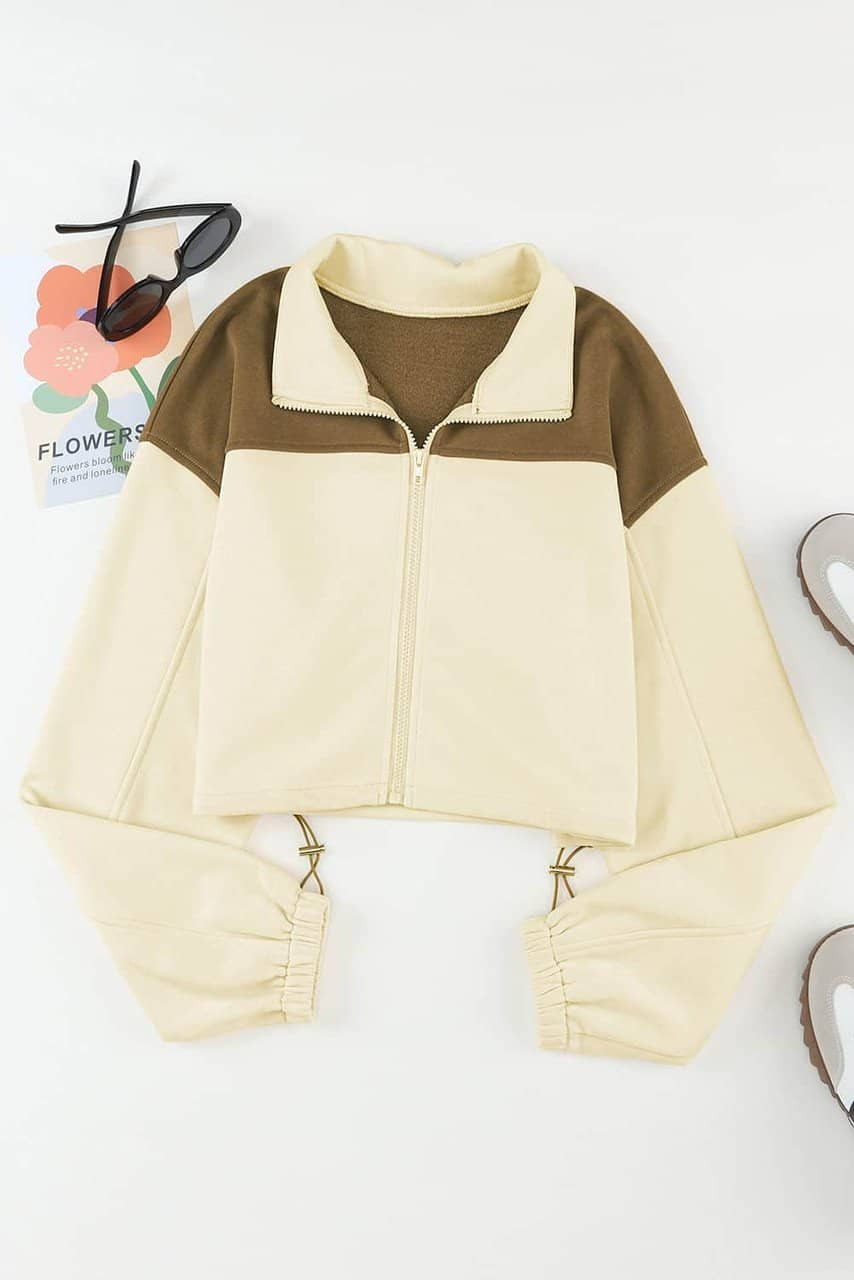 Beige Color Block Drawstring Cropped Athleisure Jacket Beige Color Block Drawstring Cropped Athleisure Jacket