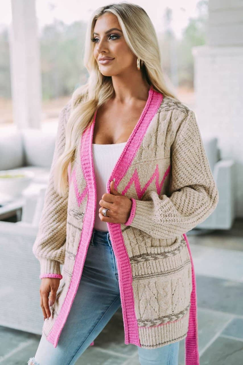Gray Geometric Cable Knit Pocketed Open Front Cardigan Gray Geometric Cable Knit Pocketed Open Front Cardigan