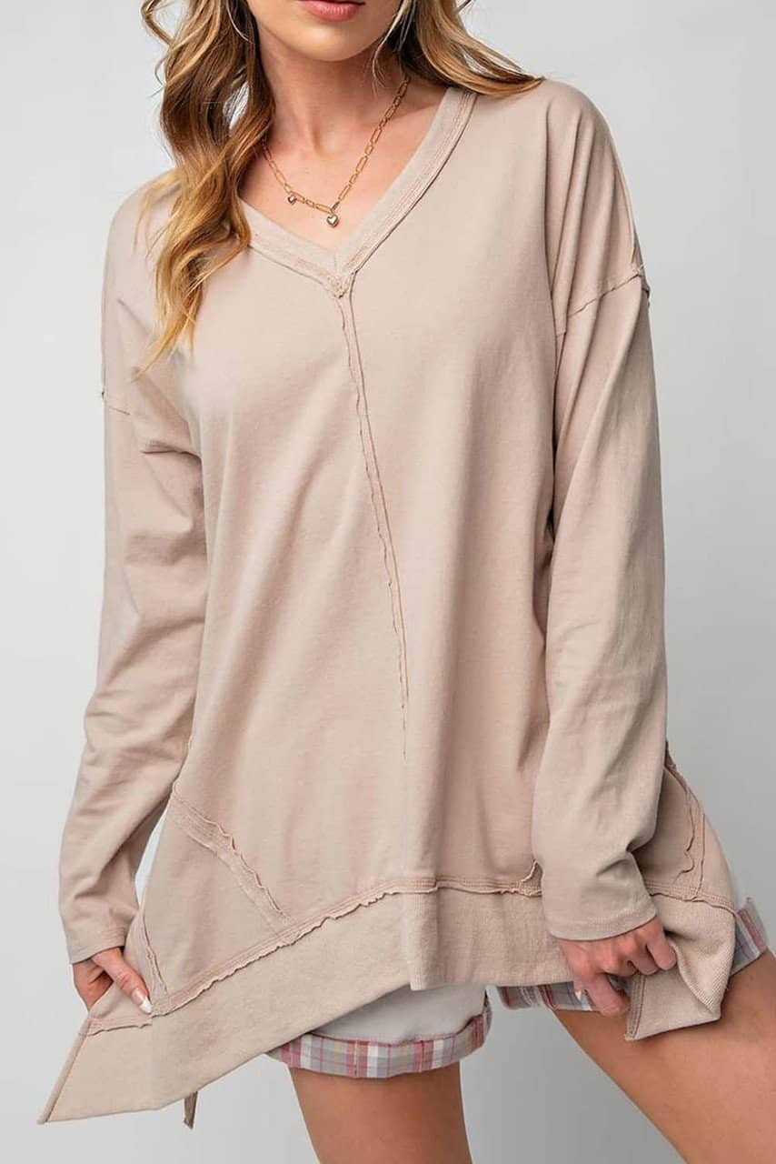 Apricot Exposed Seam V Neck Split Hem Tunic Top Apricot Exposed Seam V Neck Split Hem Tunic Top