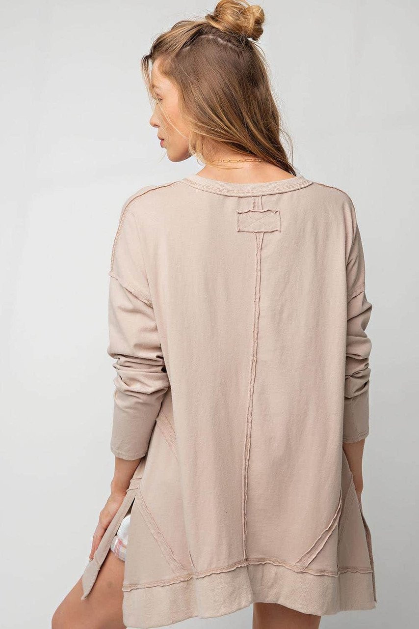 Apricot Exposed Seam V Neck Split Hem Tunic Top Apricot Exposed Seam V Neck Split Hem Tunic Top