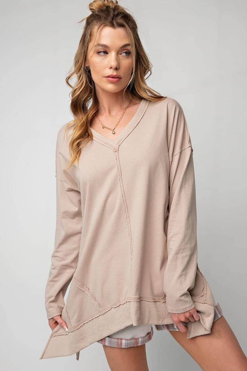 Apricot Exposed Seam V Neck Split Hem Tunic Top Apricot Exposed Seam V Neck Split Hem Tunic Top