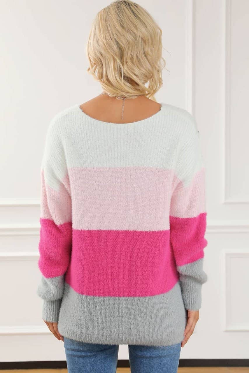 Striped Color Block Fuzzy V Neck Sweater