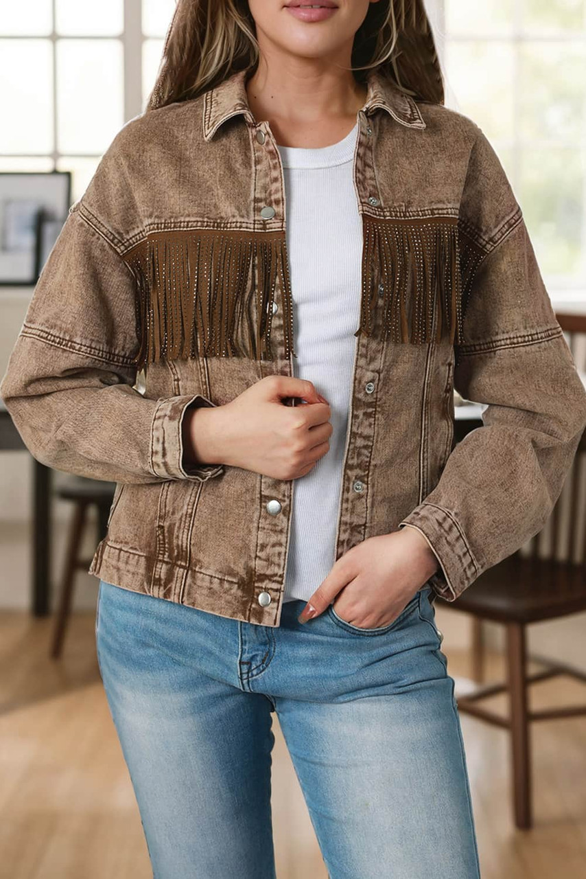 Brown Rhinestone Fringed Cowgirl Fashion Denim Jacket