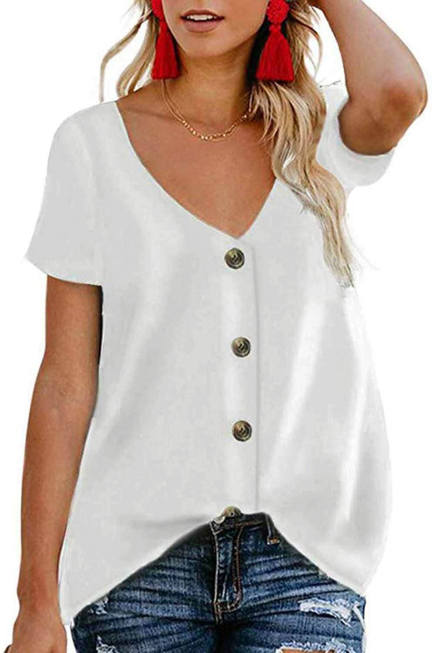 Button Detail Short Sleeve V Neck Blouse