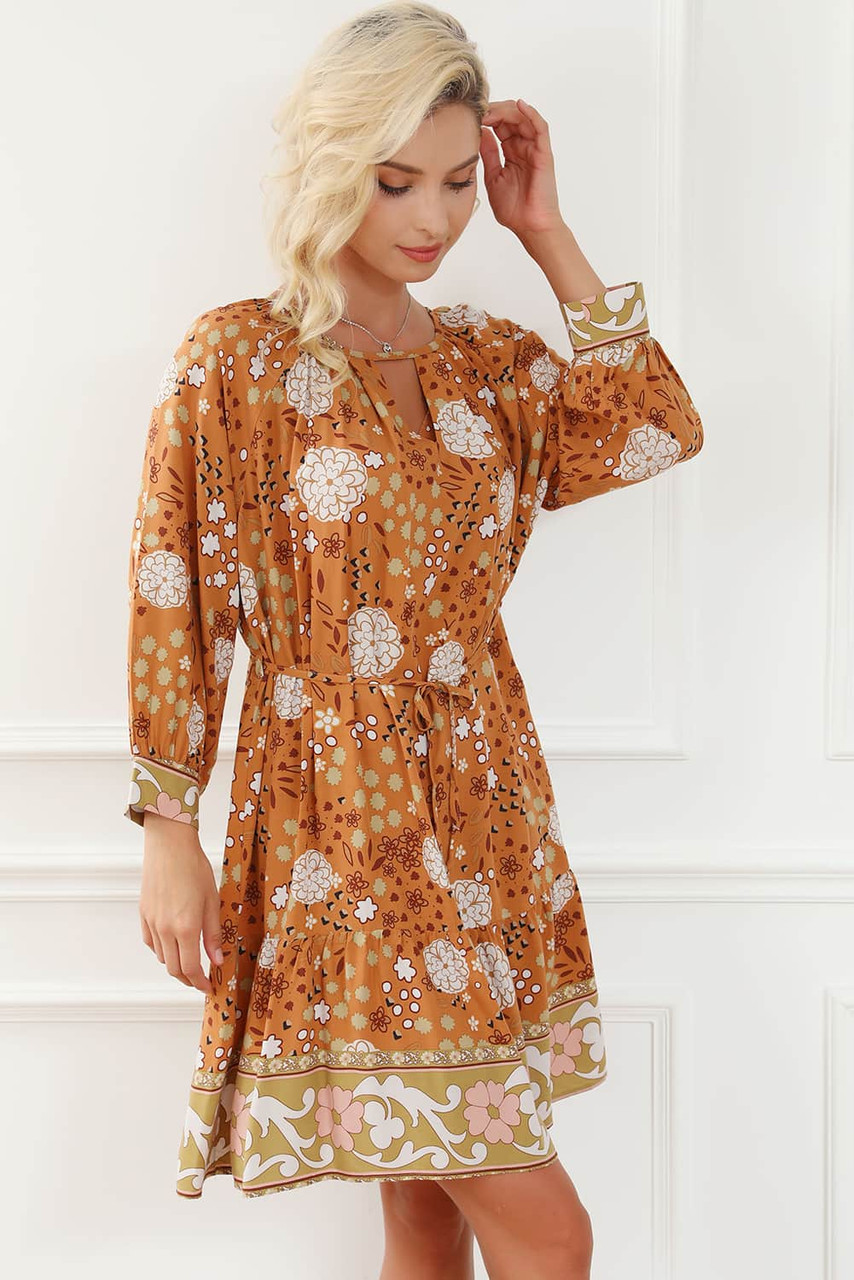 Camel 3/4 Sleeve Tie Waist Pleated Short Boho Floral Dress