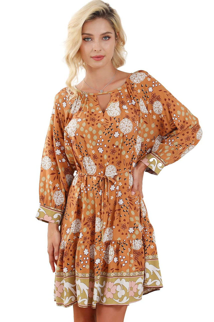 Camel 3/4 Sleeve Tie Waist Pleated Short Boho Floral Dress