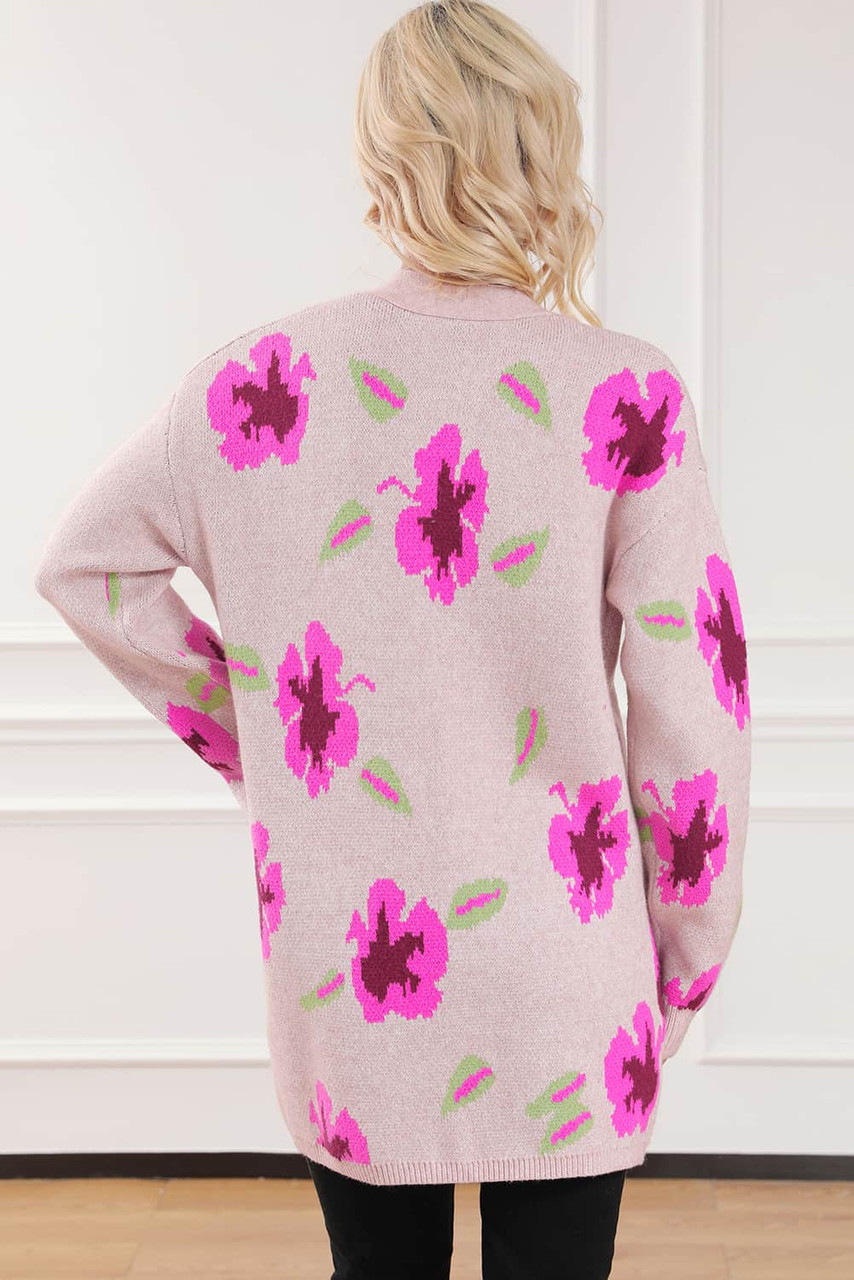 Floral Print Pocketed Open Front Cardigan