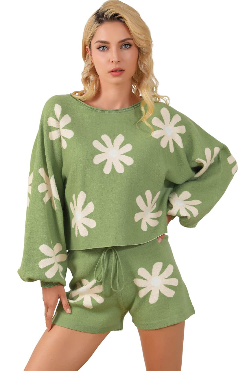 Green Flower Print Bubble Sleeve Knitted Sweater and Shorts Set