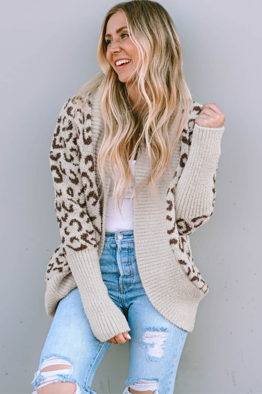 Khaki Fuzzy Leopard Ribbed Trim Lapel Collar Cardigan