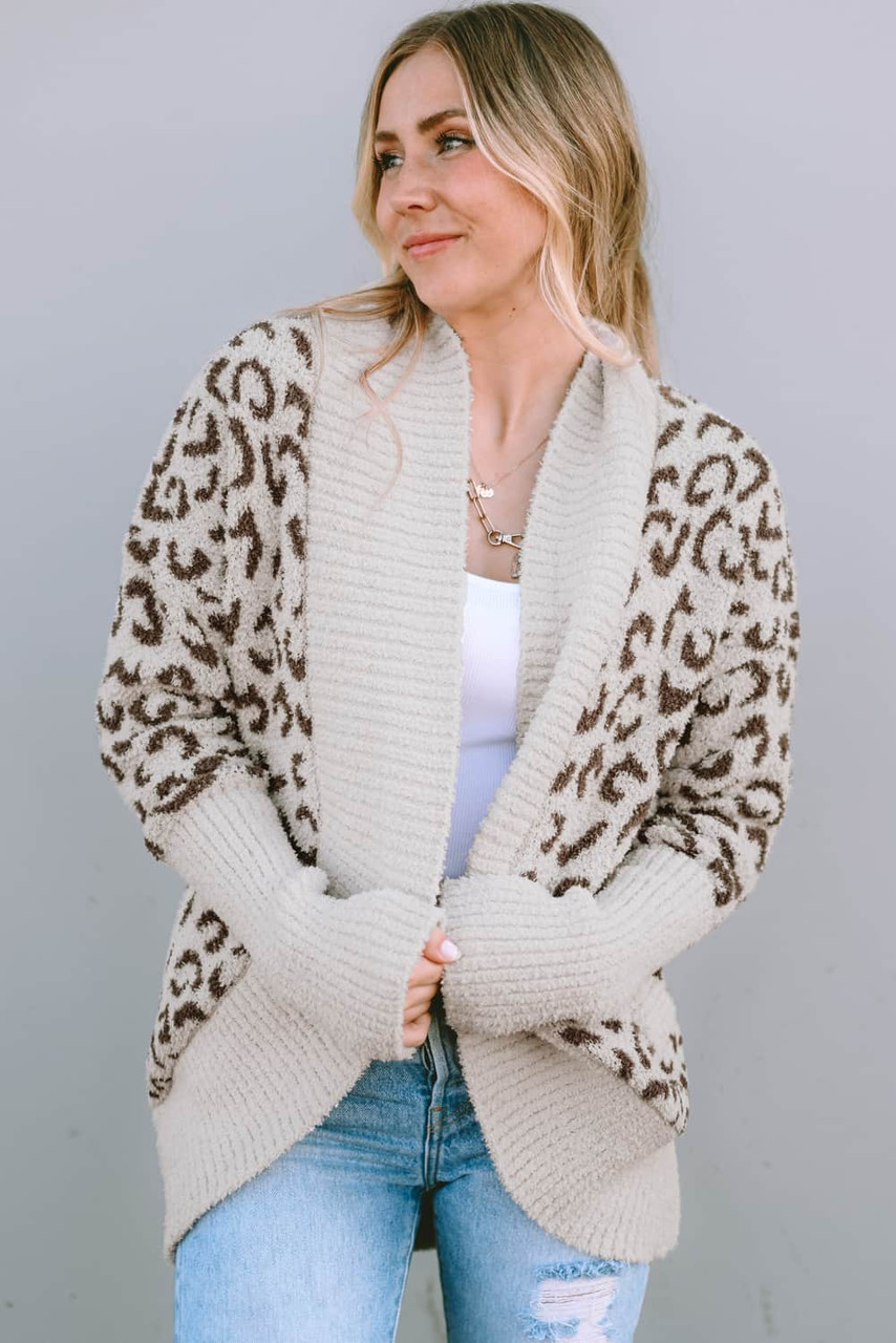 Khaki Fuzzy Leopard Ribbed Trim Lapel Collar Cardigan