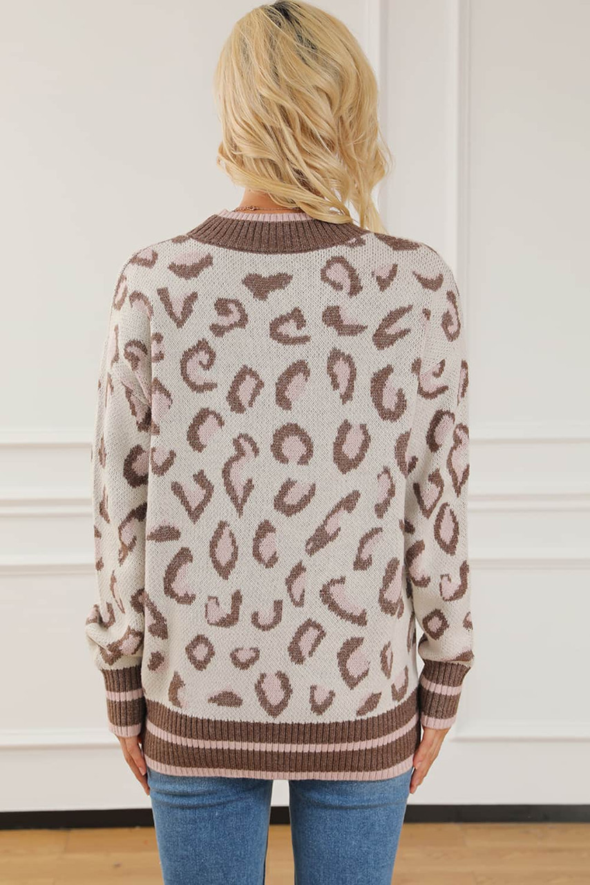 Brown Two-tone Ribbed Trim Contrast Leopard Sweater