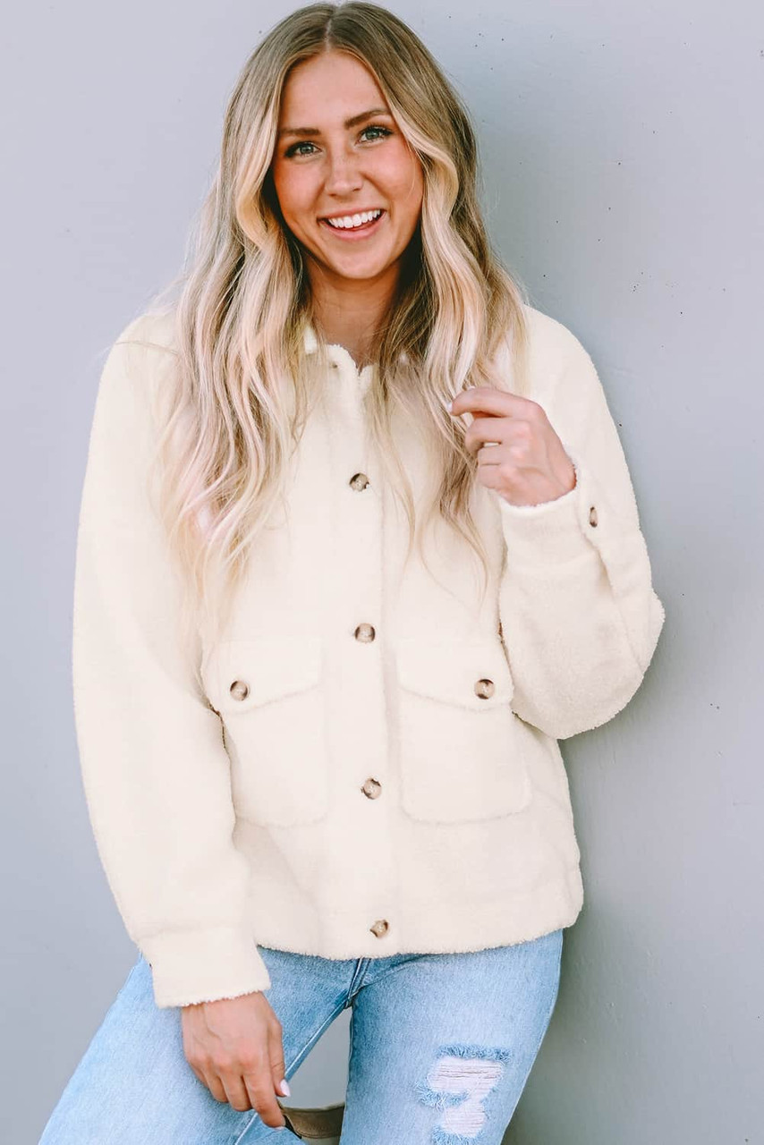 Beige Flap Button Pocket Sherpa Jacket