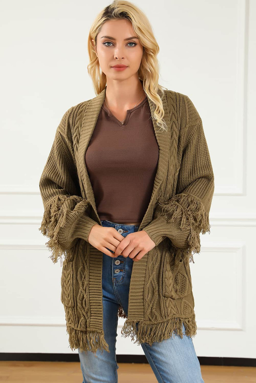 Fringe Trim Cable Knit Open Cardigan