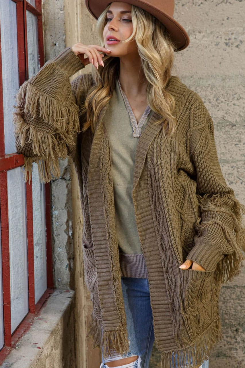 Fringe Trim Cable Knit Open Cardigan