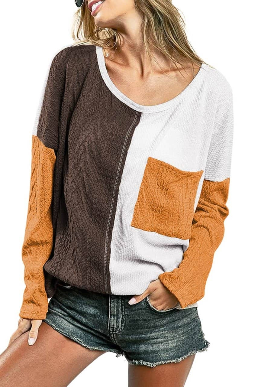 Brown Color Block Patchwork Chest Pocket Long Sleeve Top Brown Color Block Patchwork Chest Pocket Long Sleeve Top