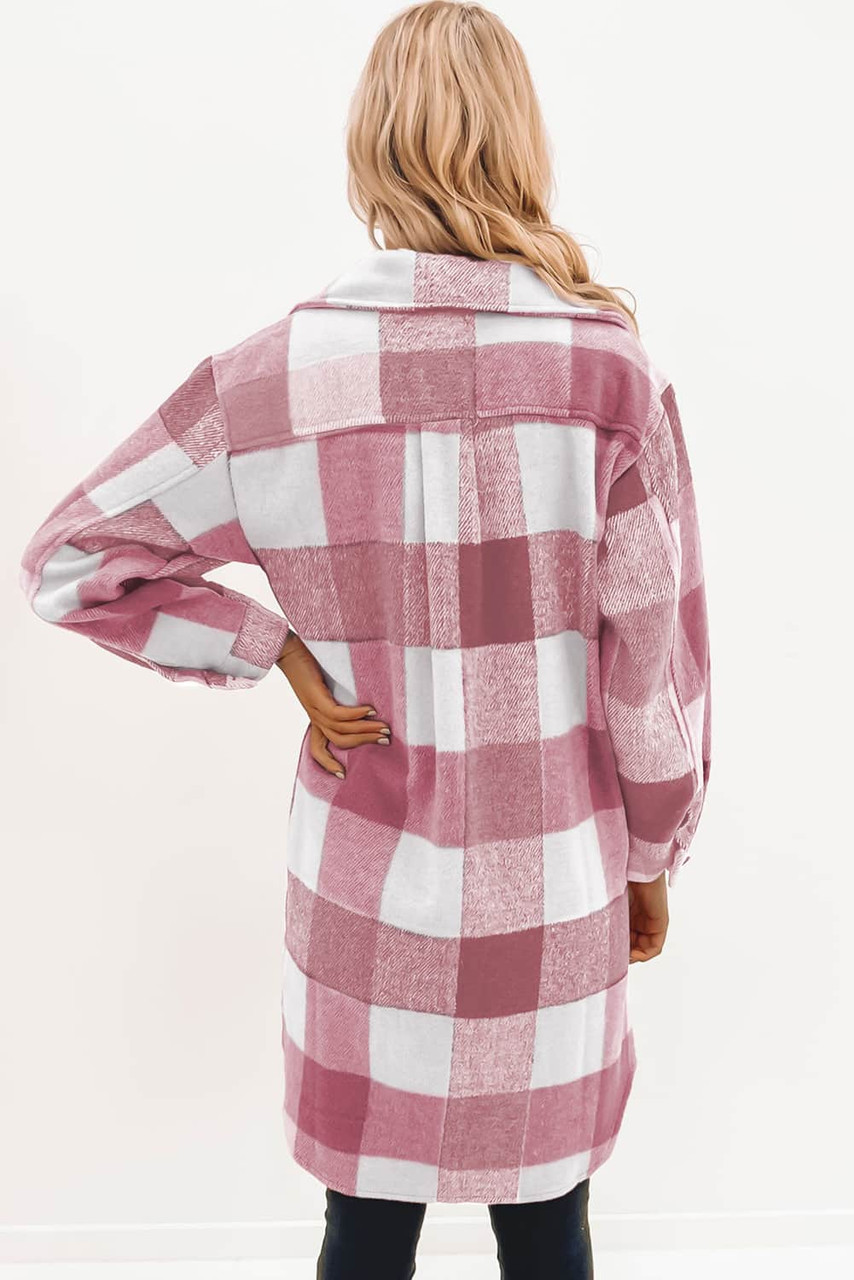 Rose Tan Plaid Button-Down Flap Pocket Long Shacket