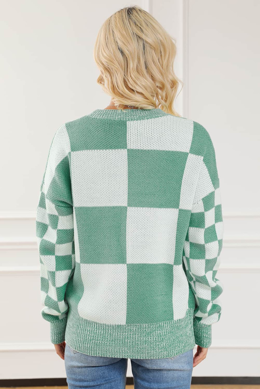 Mint Green Checkered Print Drop Shoulder Sweater