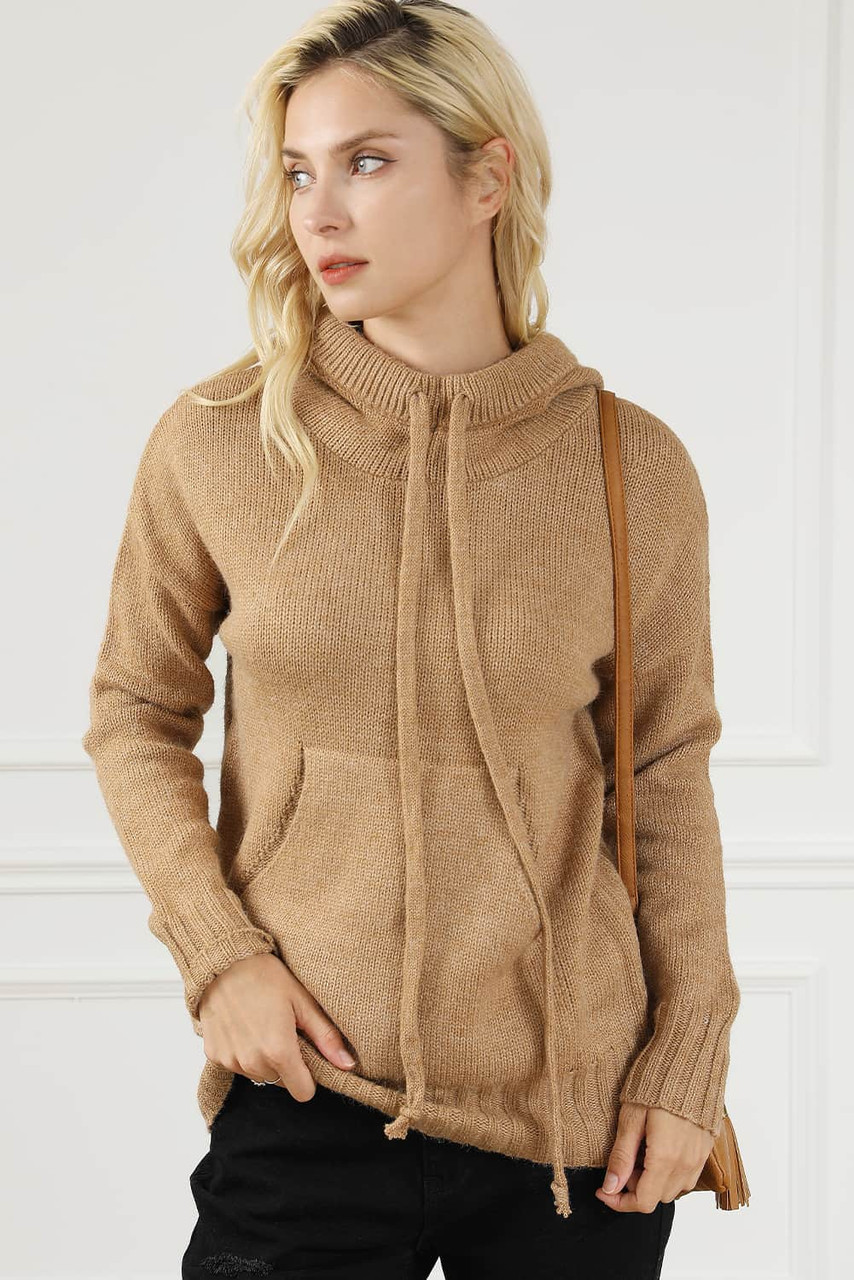 Brown Cowl Neck Drawstring Pullover Hooded Sweater