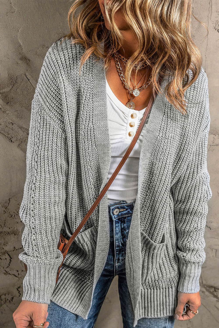 Gray Solid Color Textured Knit Pocket Open Front Cardigan