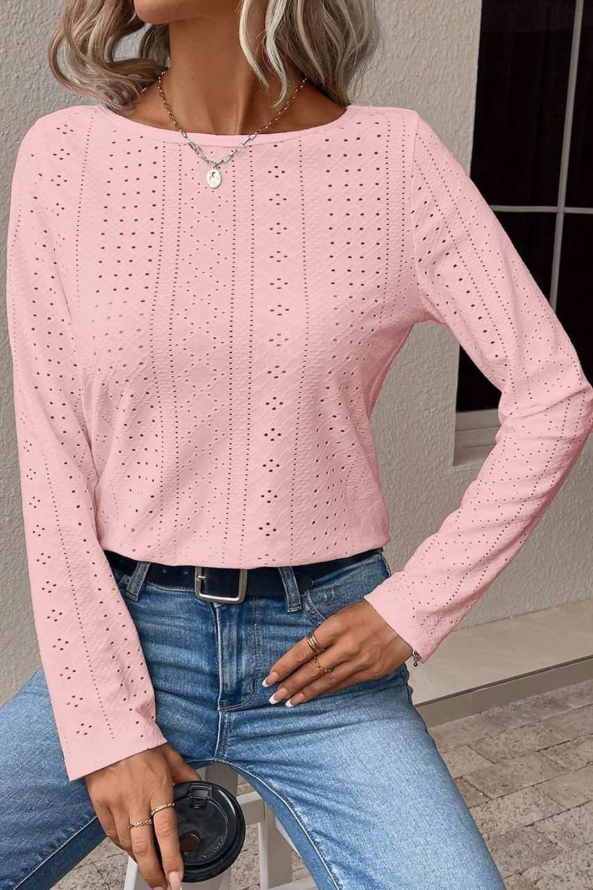 Light Pink Floral Lace Splicing Eyelet Long Sleeve Top